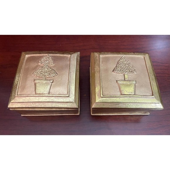 Set Of Heavy Stoneware Gold Trinket Boxes Decorative Topiary Tree On Each Lid - Picture 2 of 9